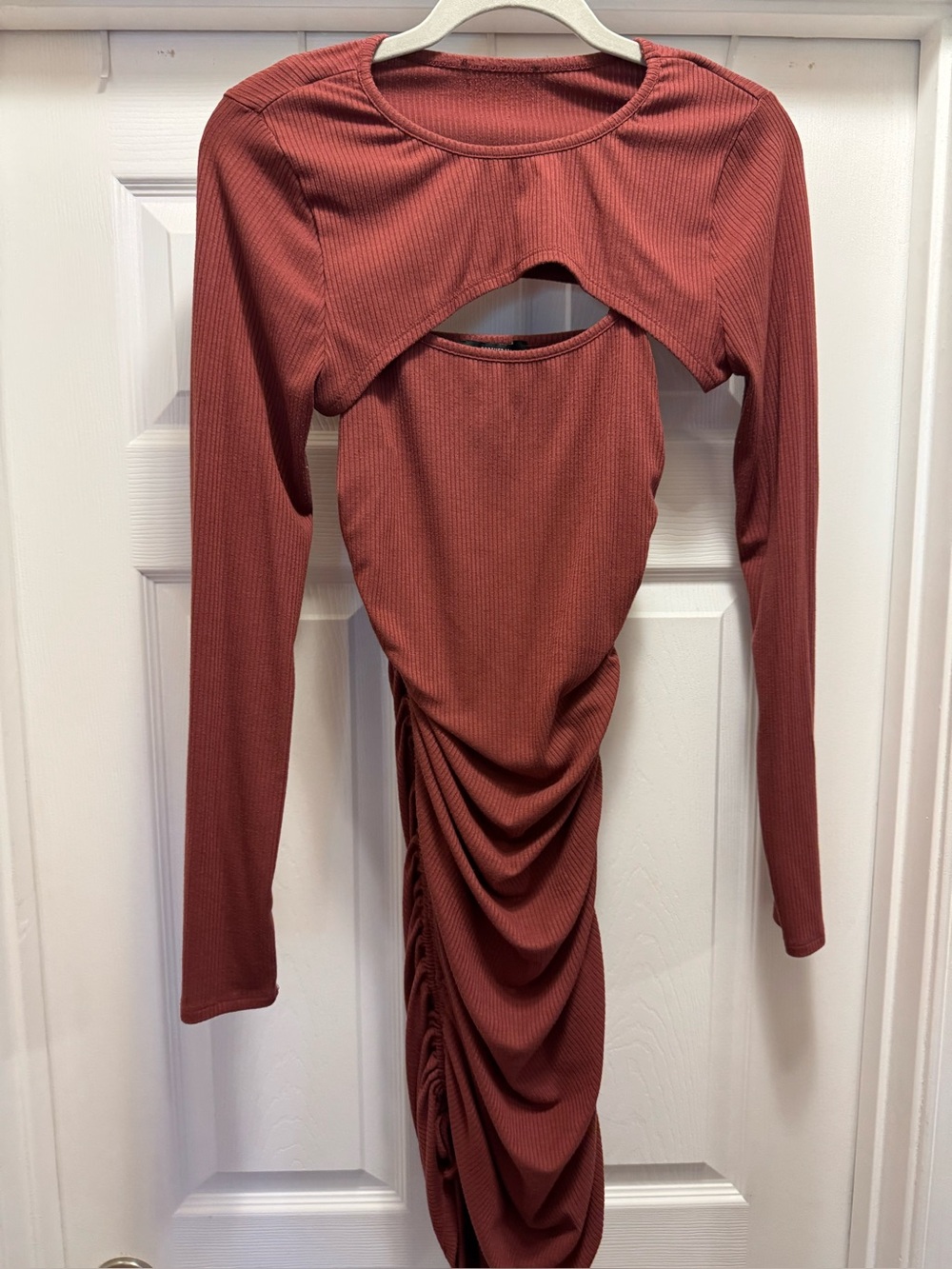 Forever 21 Rusty Orange Ribbed Long-Sleeve Cutout Ruched Dress